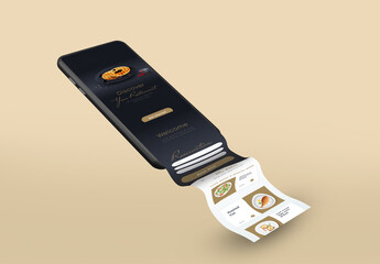 Mobile with restaurant app long scroll screen on brown background for business promotion, advertisement and presentation