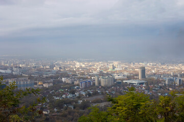 Beautiful city view of Almaty Kazakhstan from top of the hill Kok tobe