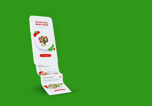 Mobile with food app long scroll screen on green background for business promotion, advertisement and presentation