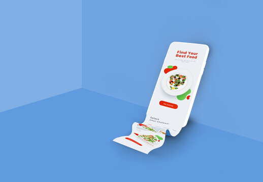 Mobile with food app long scroll screen on blue background for business promotion, advertisement and presentation
