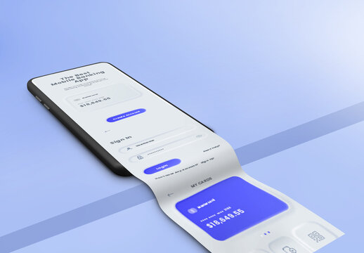 Mobile with banking app long scroll screen on blue background for business promotion, advertisement and presentation