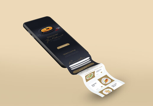 Mobile with restaurant app long scroll screen on brown background for business promotion, advertisement and presentation