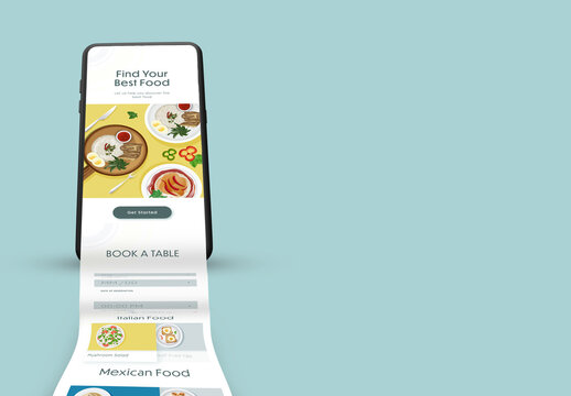Mobile with food app book a table long scroll screen on blue background for business promotion, advertisement and presentation