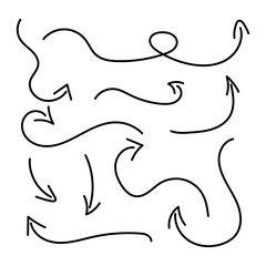 Set of arrows isolated on white background. Collection arrows in doodle style. Hand drawn Vector illustration