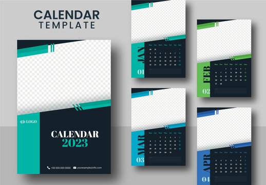 Set of 2023 Wall Calendar Template with Corporate layout with week start Monday. Ready to print template with photos placeholder.