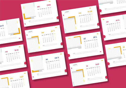 Elegant White Set of 2023 Desk Calendar Template with Corporate layout with week start Monday. Ready to print template with photos placeholder.
