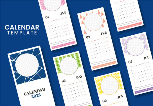 Colorful Set of 2023 Calendar Template with Corporate layout with week start Monday. Ready to print template with photos placeholder.