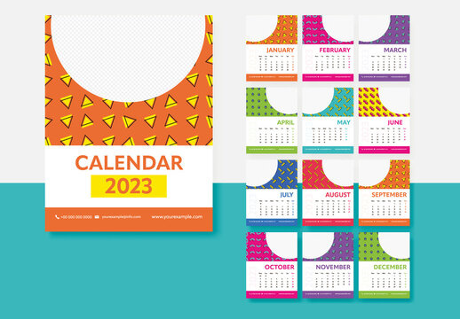 Colorful Set of 2023 Desk Calendar Template. Abstract element layout with week start Monday. Ready to print template with photos placeholder.