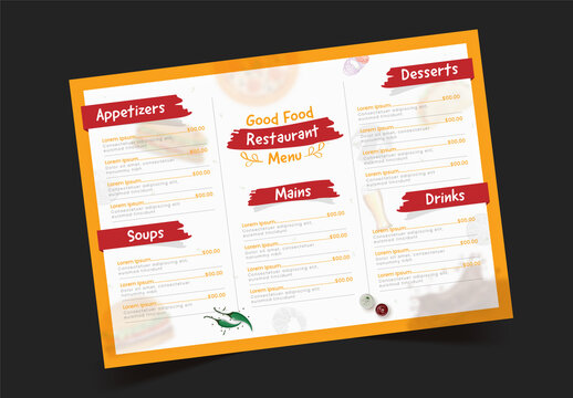 Editable restaurant menu template with food elements.