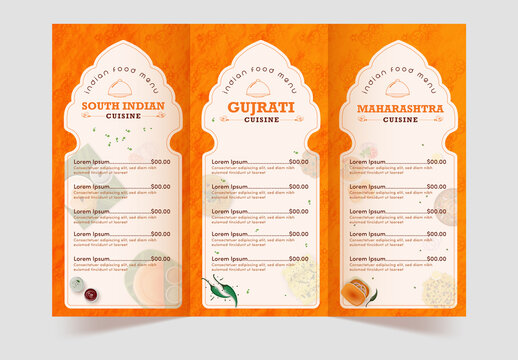 Indian states food restaurant menu template with food elements.