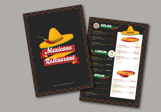 Mexican food restaurant menu template with food elements.