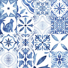 Portuguese ornamental Azulejo ceramic. Blue and white watercolor.