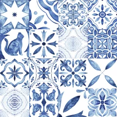 Tapeten Portugal Keramikfliesen Portuguese ornamental Azulejo ceramic. Blue and white watercolor.