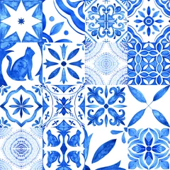 Gordijnen Portuguese ornamental Azulejo ceramic. Blue and white watercolor. © liliia_sinhina