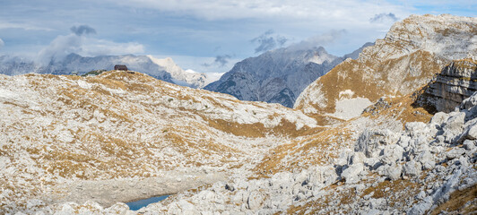 Prehodavci hut and mountains in Valley of seven lakes, Slovenia