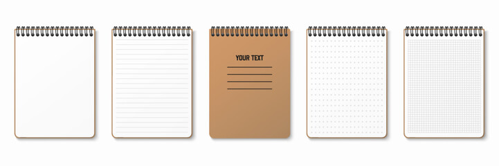 Realistic notepad. Lined, gridded and dotted sheets. Blank sheets of notebook with grid for homework and exercises. Horizontal spiral. Creative vector illustration mock up diary.