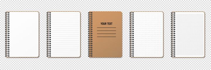 Realistic notepad. Lined, gridded and dotted sheets. Blank sheets of notebook with grid for homework and exercises. Vertical spiral. Creative vector illustration mock up diary. - obrazy, fototapety, plakaty