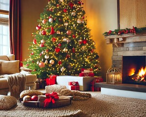 A festive Christmas time living room with Christmas tree and fireplace created with generative AI