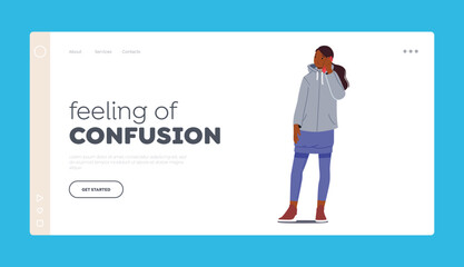 Feeling of Confusion Landing Page Template. Young Unhappy Girl Speaking by Phone, Teen with Gadget, Communication