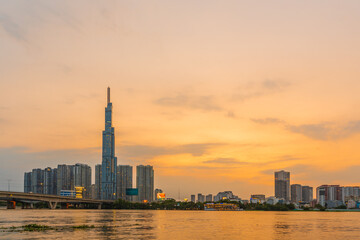 Beautiful Sunset at Landmarks 81 Ho Chi Minh City, the tallest building in Vietnam