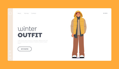 Winter Outfit Landing Page Template. Trendy Youth Fashion Concept. Male Character Wear Warm Clothes Vector Illustration
