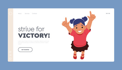 Strive for Victory Landing Page Template. Happy Baby Girl Looking Up and Pointing on Sky. Cheerful Child Character