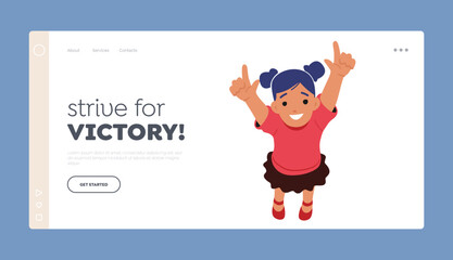 Fototapeta premium Strive for Victory Landing Page Template. Happy Baby Girl Looking Up and Pointing on Sky. Cheerful Child Character