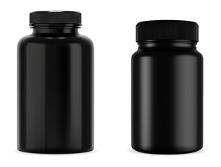 Black pill bottle with plastic cap. Glossy, isolated 3D vector mockup