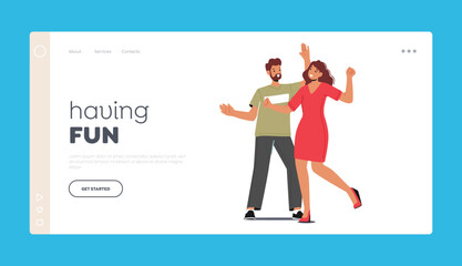 People Having Fun Landing Page Template. Young Couple Dancing, Active Man and Woman in Loving or Friendly Relations