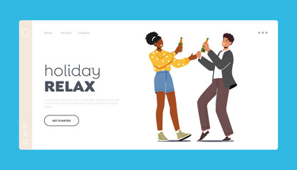 Holiday Relax Landing Page Template. Happy People Drink on Party. Friends Joy, Cheerful Employees Young Characters