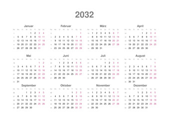 Kalender 2032, deutsch, Querformat