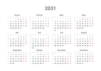 Kalender 2031, deutsch, Querformat