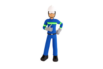 3d model of a man wearing a white helmet, arm dress, long blue legs, standing