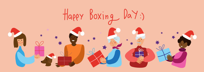 Fototapeta na wymiar Men and women of different genders and ages give each other gifts, Xmas eve. Boxing day. New year celebration, concept banner, poster modern flat vector illustration