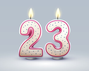 Happy Birthday years. 23 anniversary of the birthday, Candle in the form of numbers. Vector