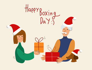 Elderly Men and young women of different genders and ages give each other gifts, Xmas eve. Boxing day. New year celebration, concept banner, poster modern flat vector illustration