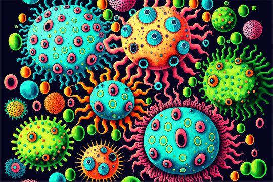 Funny microorganisms viruses and disease, Colorful Bacteria, Parasites Illustration, Health and Medicine
