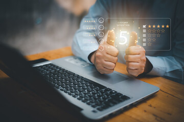 Customer can evaluate quality of service leading to reputation ranking of business.Customer review satisfaction feedback survey concept, User give rating to service experience on online application.