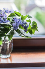 A bouquet of lilacs in a glass vase on a wooden windowsill.