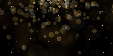 Festive golden luminous background with colorful lights bokeh. Christmas concept. Abstract glowing bokeh lights isolated on black background.