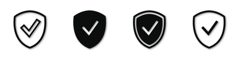 Shield check mark icon set. Protection approve sign. Safe icon. Tick and cross icons. Vector illustration on a white background.
