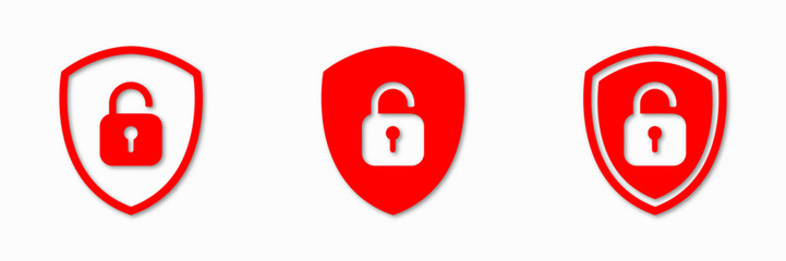 Icon or symbol set of a shield with a opened padlock. Sign unlock collection on a white background. Vector illustration.