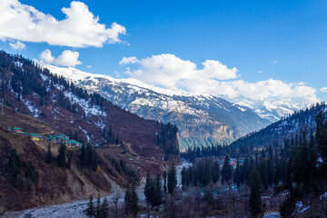Manali, Himachal Pradesh. Panoramic views of Himalayas. Natural beauty of Solang Valley in India. Famous tourist place for travel and honeymoon destination in India set on Beas river Rohtang Pass Snow