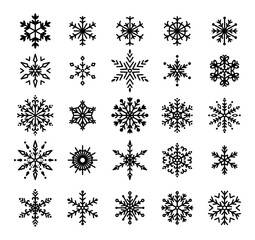 Snowflakes on white background. Winter flat decorations. Frozen symbol. Hand drawn snowflake. Christmas and New year design elements. Vector illustration.