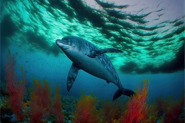 Fototapeta premium Dolphin underwater Generative AI scene
