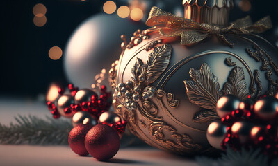 Christmas background with decorations and ornaments. Generative AI Imagery of a fictitious Xmas scenery