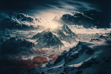 Fototapeta na wymiar Panoramic view of snow-capped mountains in overcast weather. Generative AI