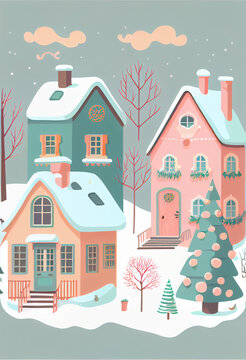 Cute winter village scene with pastel colors. Christmas background image. Ski vacation, holidays. 