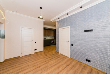 Entrance hall of a new apartment after renovation, a blue wall with a white door