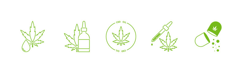 cbd oil, cannabis products icon set. Marijuanna, Cannabidiol. Vector EPS 10